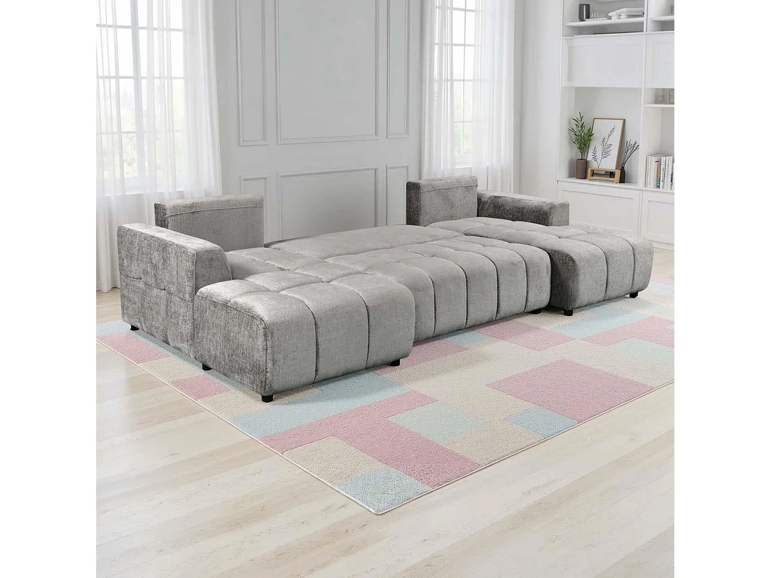 Stanford Grey U Shaped Plush Velvet Sofa Bed with Storage