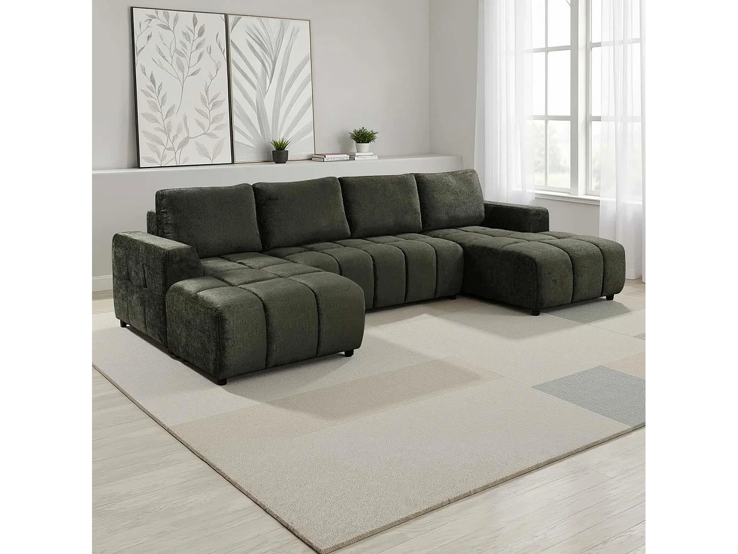 Stanford Green U Shaped Plush Velvet Sofa Bed with Storage