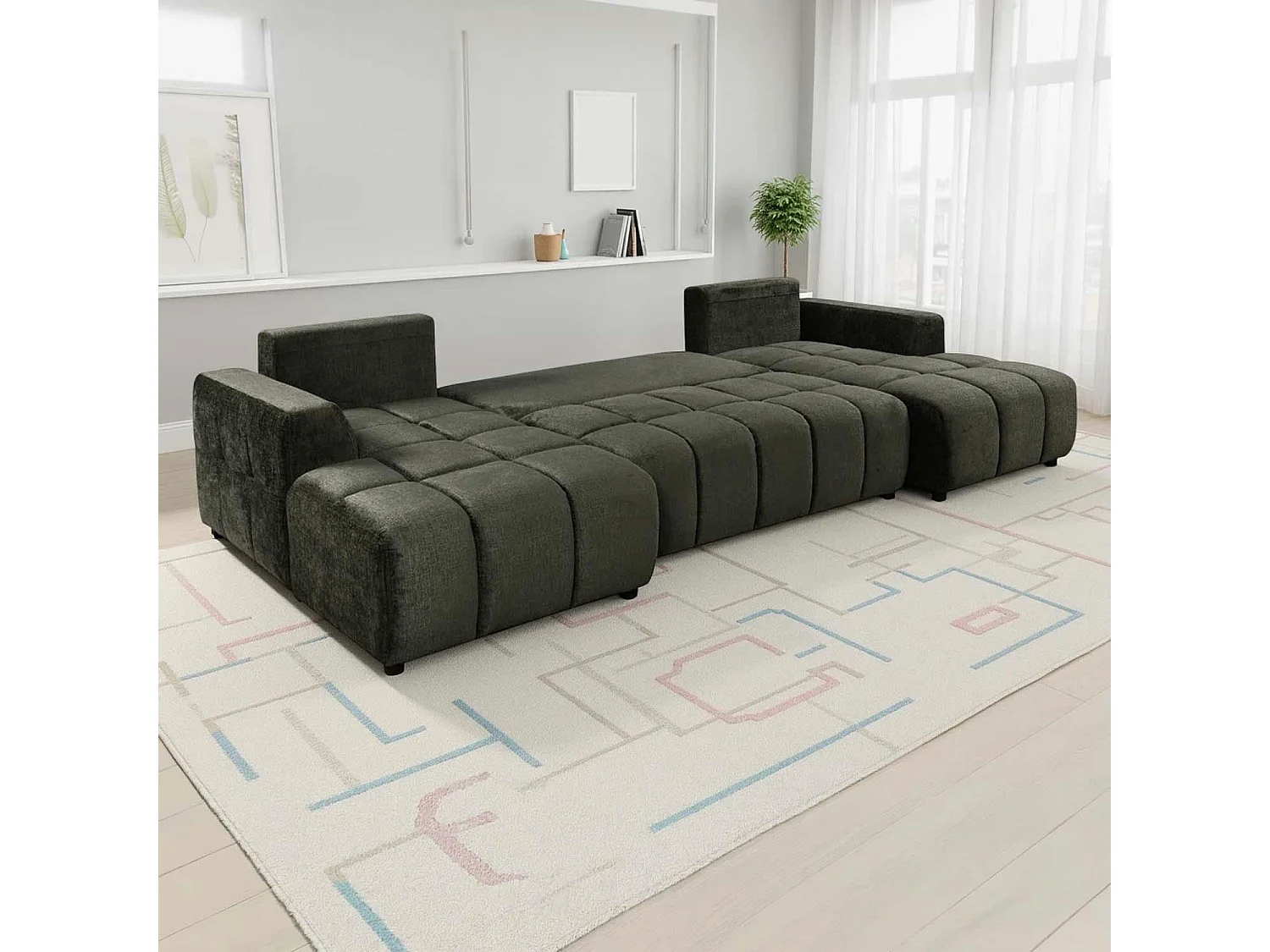 Stanford Green U Shaped Plush Velvet Sofa Bed with Storage
