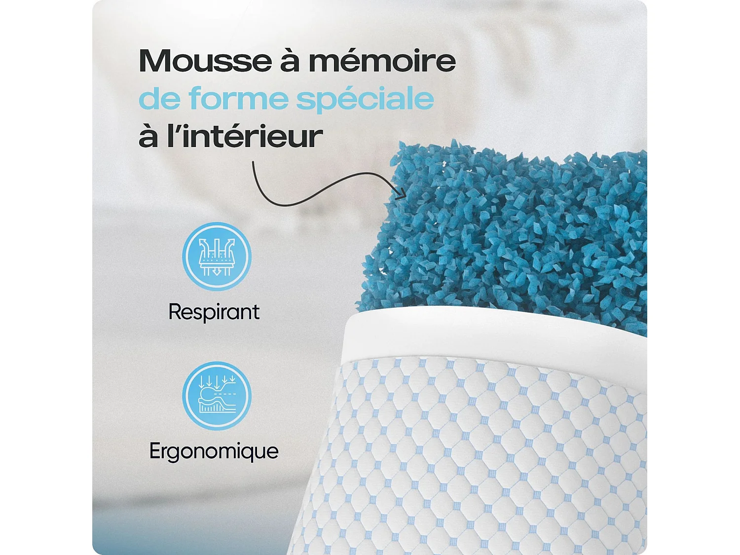 BSS BEDDING Oreiller DreamHouse Nanotech 50 x 70 cm, Mousse à mémoire de forme en flocons, Hauteur ajustable, Enveloppe matelassée respirante