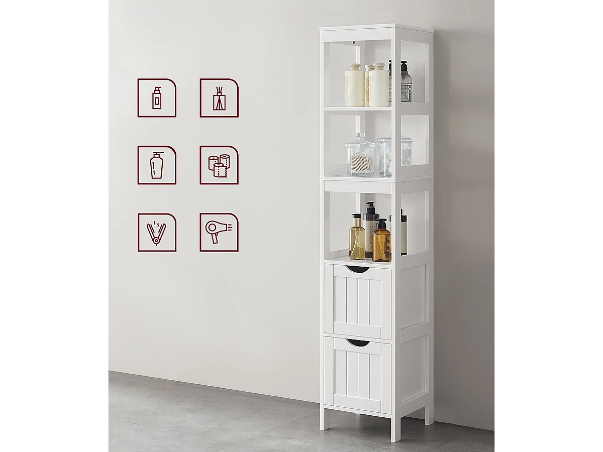 Petite colonne de rangement 2 tiroirs et 2 étagères blanc - H141,5 cm