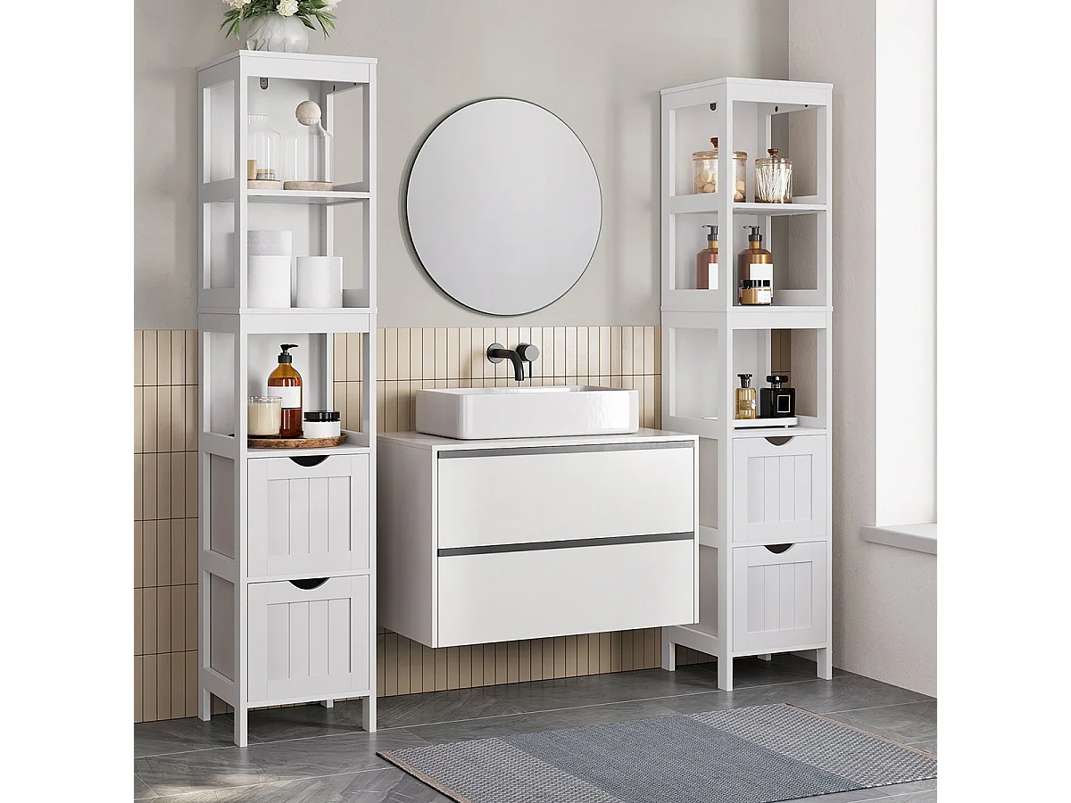 Petite colonne de rangement 2 tiroirs et 2 étagères blanc - H141,5 cm