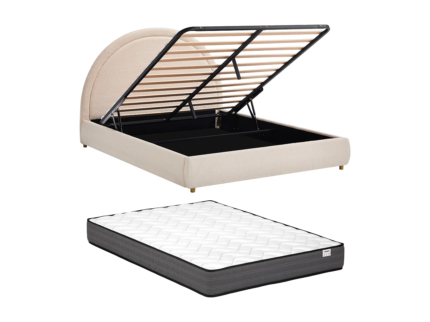 Bed met opbergruimte 160 x 200 cm - Boucléstof - Met leds - Crème + Matras - LIRIMO