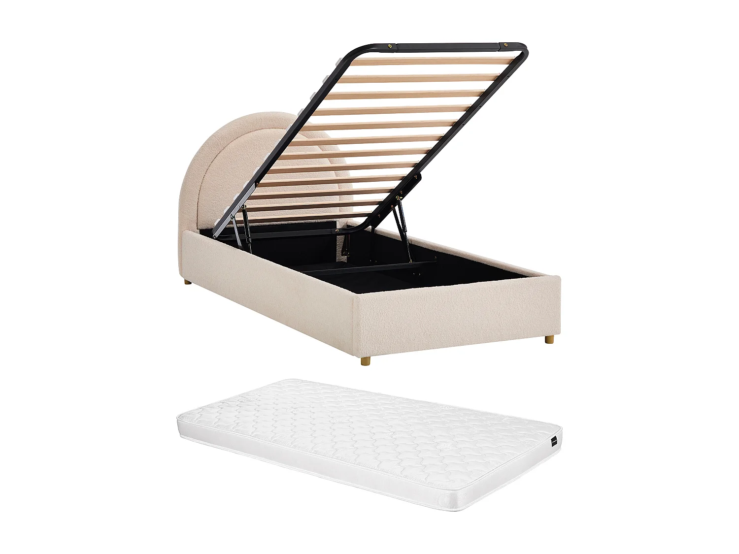 Bed met opbergruimte 90 x 190 cm - Boucléstof - Met leds - Crème + Matras - LIRIMO