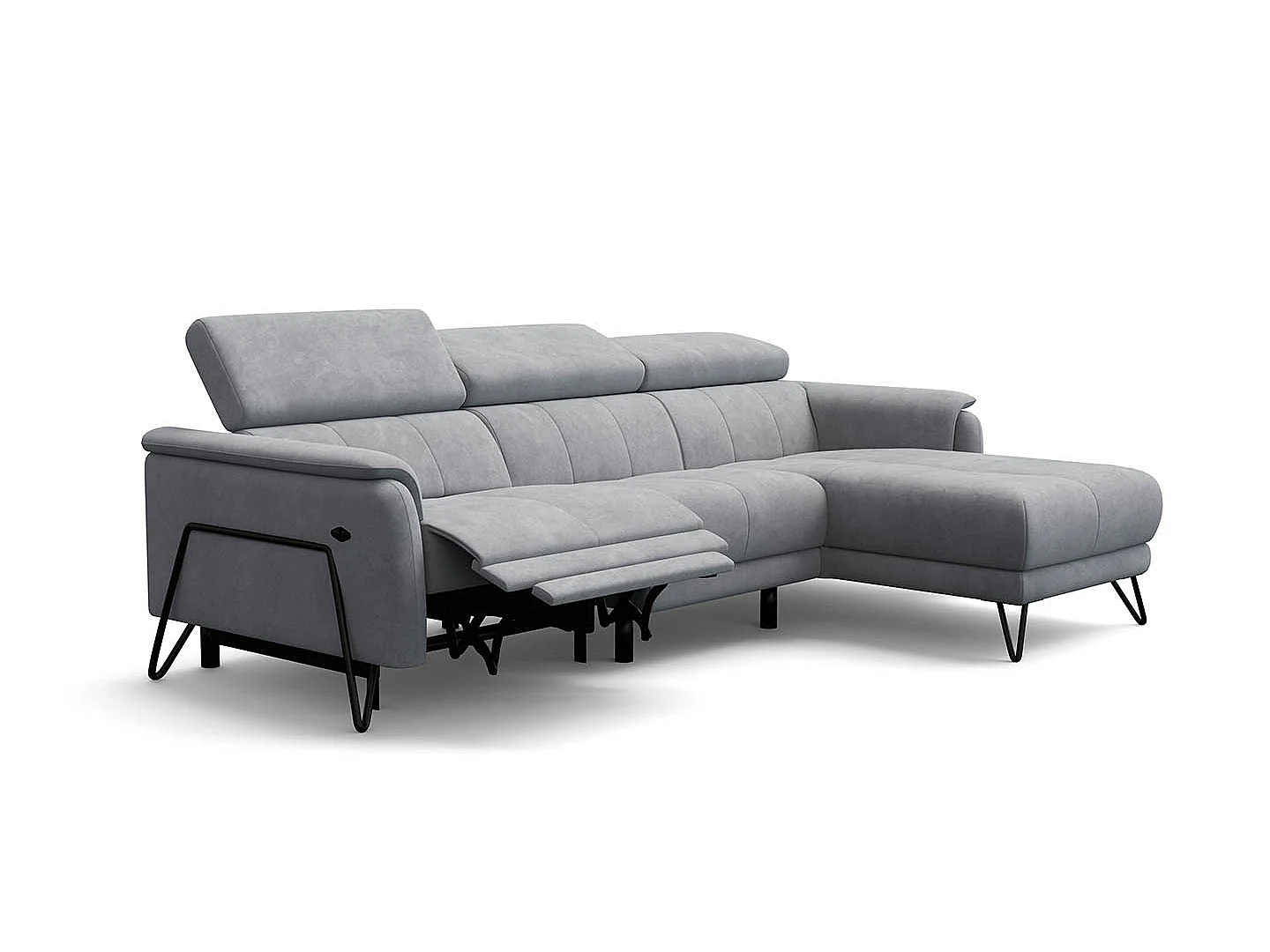 CANAPÉ D'ANGLE RODEN 4 places avec Relax, tissu velours gris clair