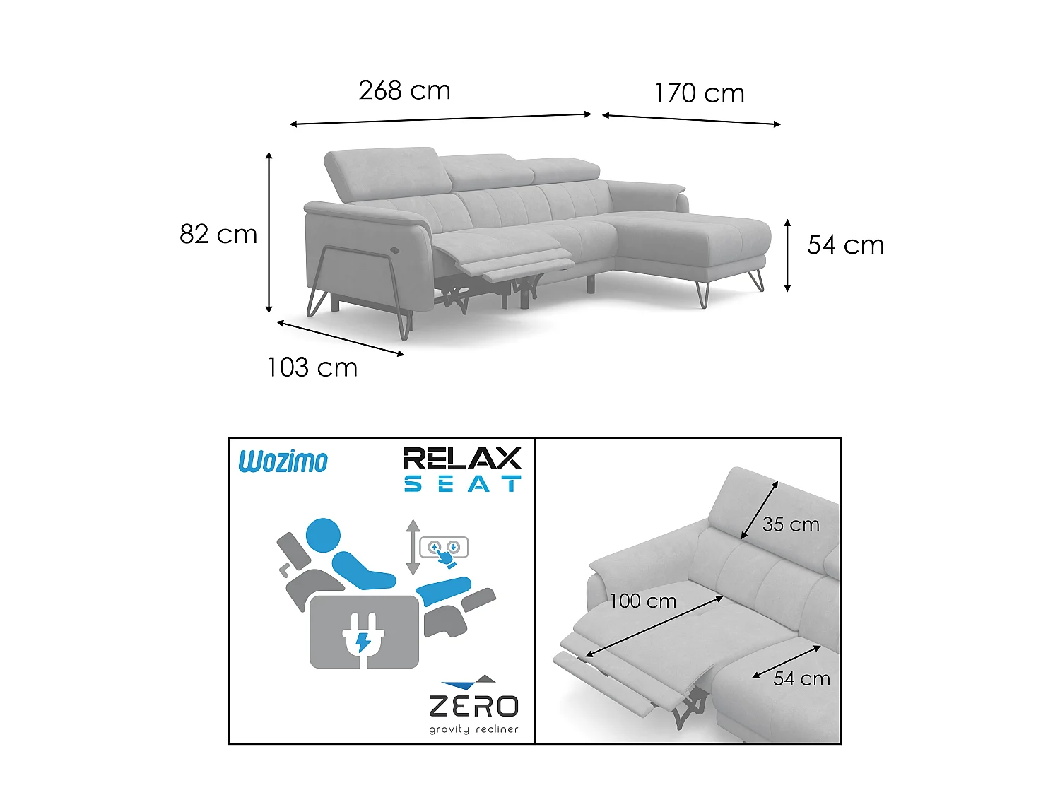 CANAPÉ D'ANGLE RODEN 4 places avec Relax, tissu velours gris clair