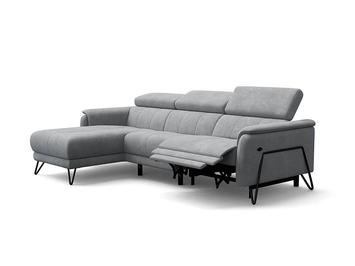 CANAPÉ D'ANGLE RODEN 4 places avec Relax, tissu velours gris clair