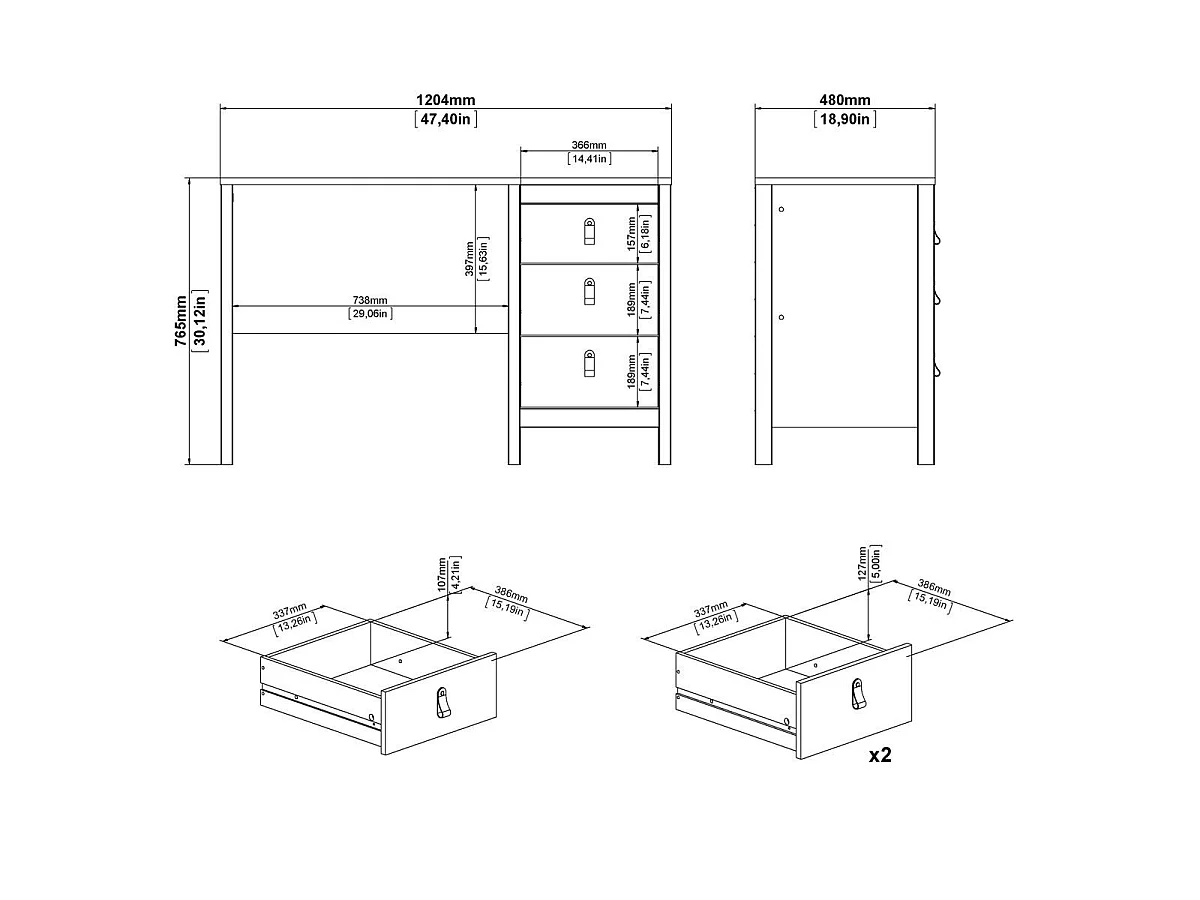 Bureau met 3 lades B120,4 cm – BARCELONE