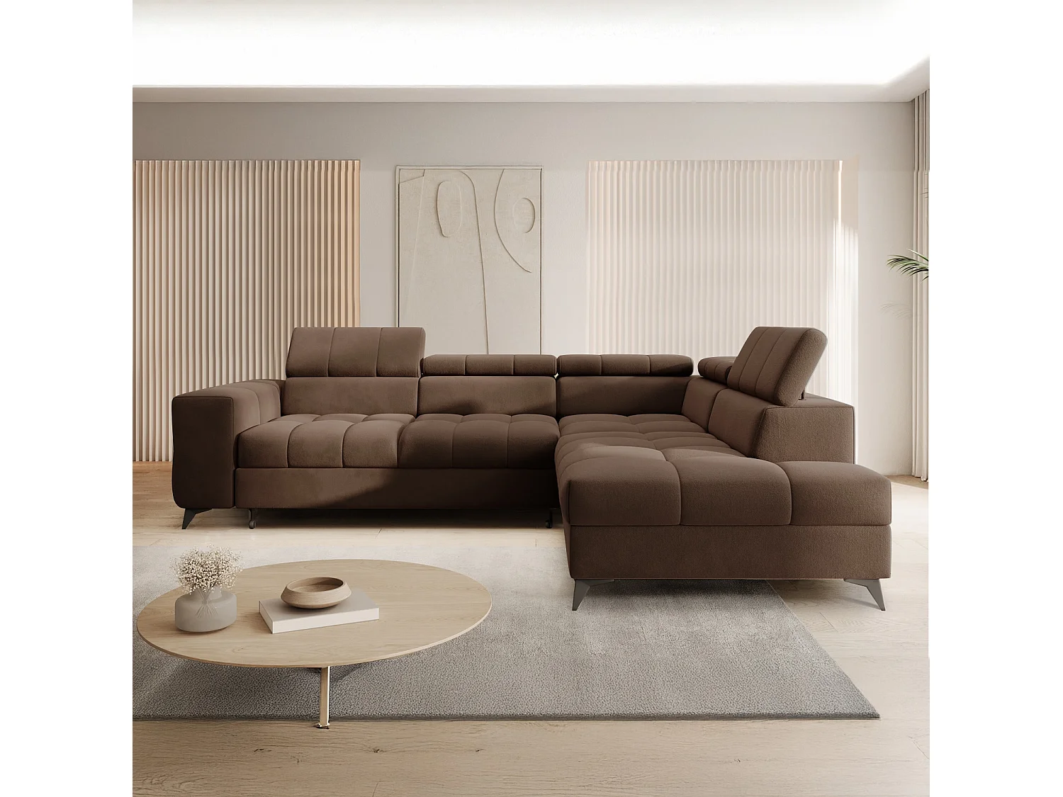 Canapé d'angle droit convertible Gaspard velours Marron