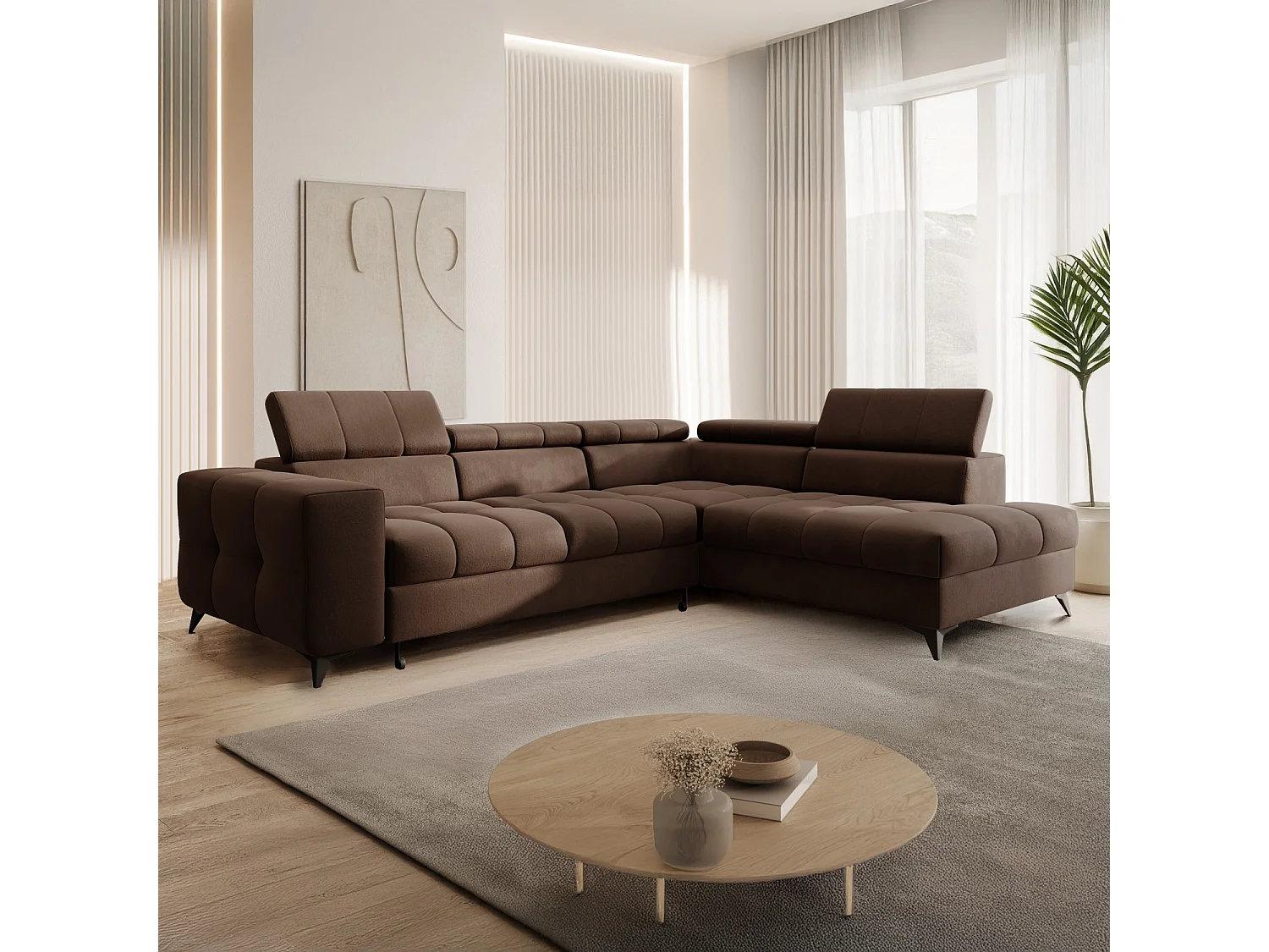 Canapé d'angle droit convertible Gaspard velours Marron