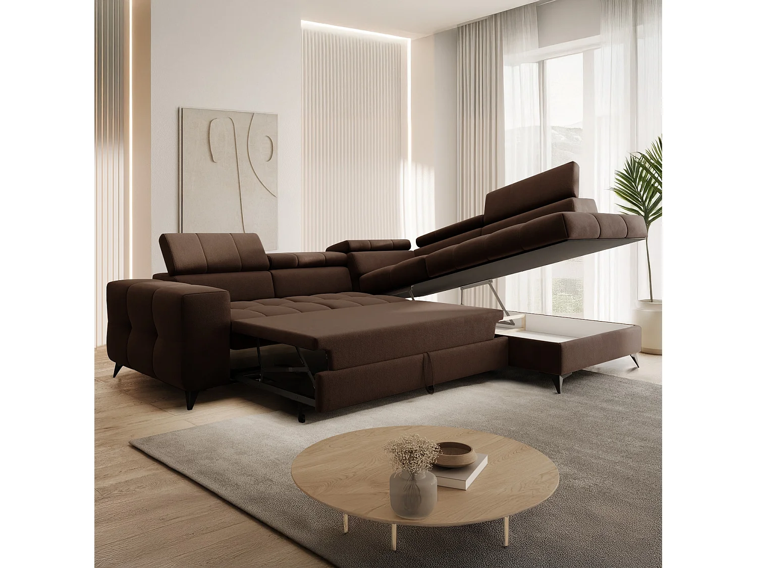 Canapé d'angle droit convertible Gaspard velours Marron