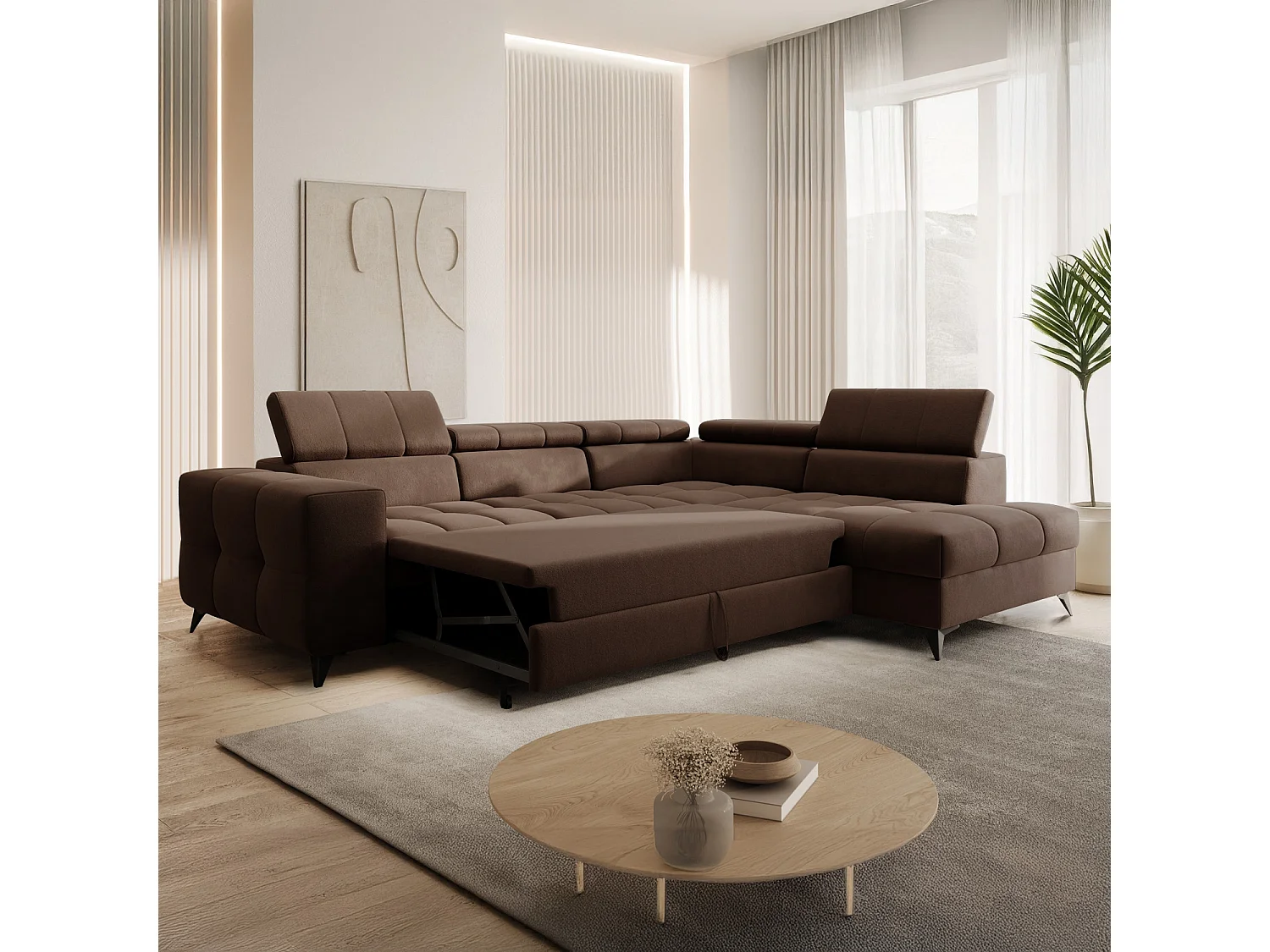 Canapé d'angle droit convertible Gaspard velours Marron