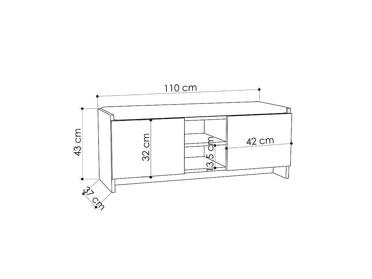 Shoe bench with 2 doors and 2 niches, 110 cm wide - Zulla