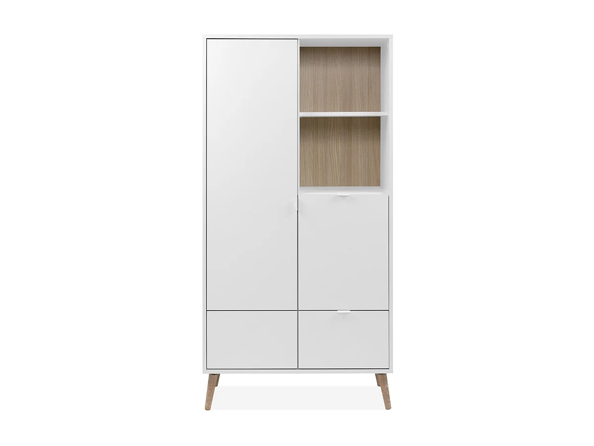 Sideboard mit 2 Türen, 2 Nischen, 1 Schublade, Dekor in Weiß und Eiche, H155 cm - KLINT