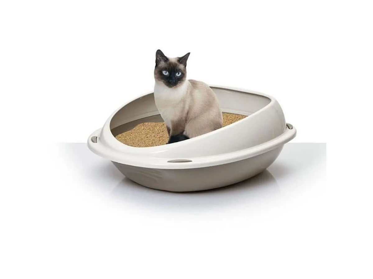 AIME Bac à Litière Ovale avec Bord Amovible, Taupe et Beige, 45 x 36 x 15,5 cm