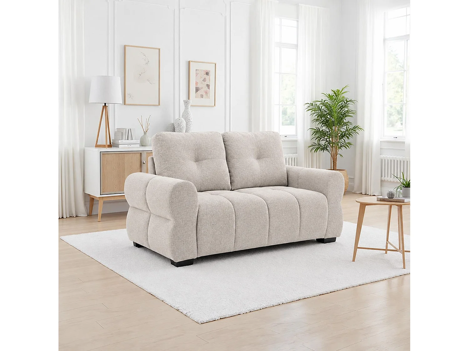 Sandford Beige 2 Seater Fabric Sofa Rolled Arms