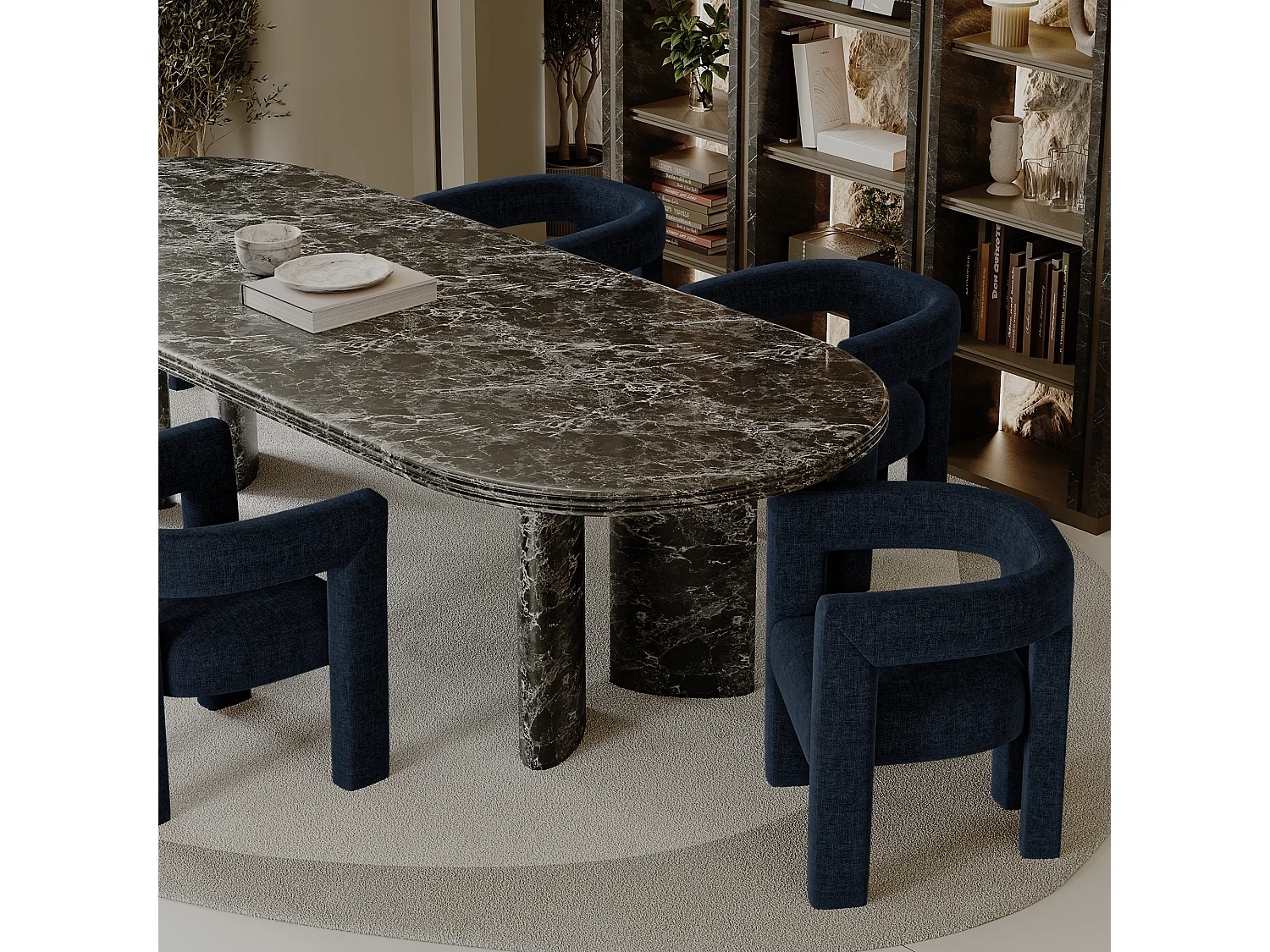 Fauteuil de salle à manger CELIA en tissu tramé bleu nuit
