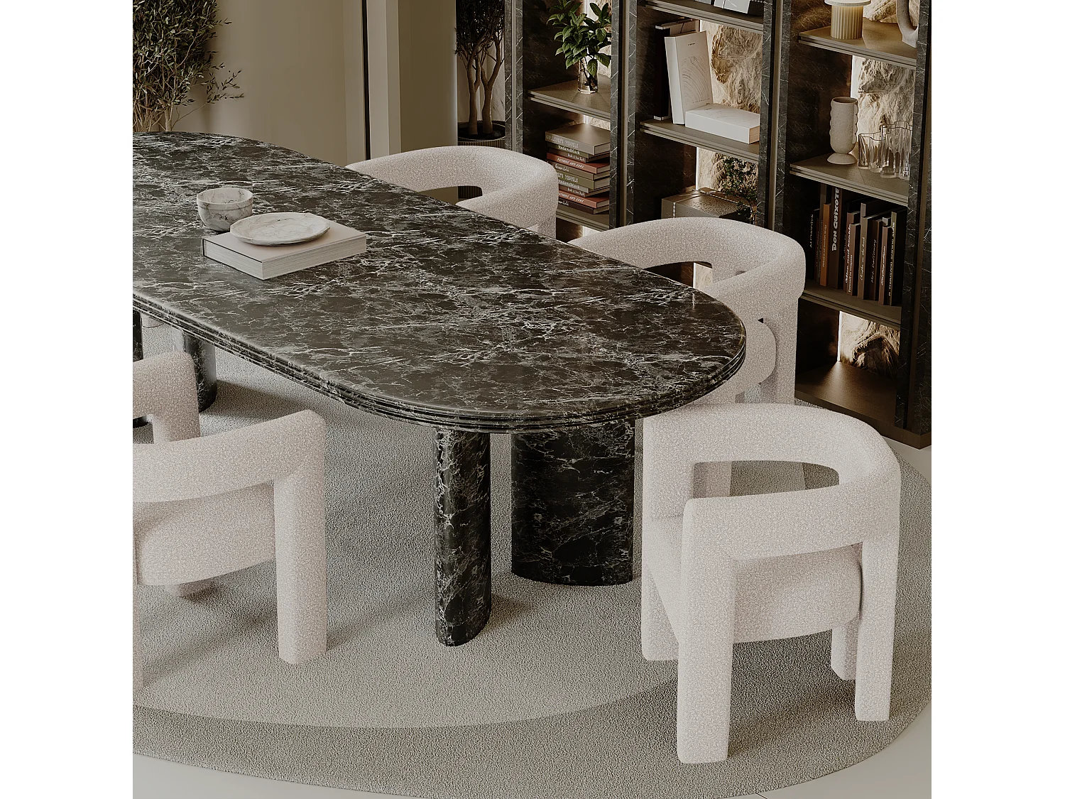 Fauteuil de salle à manger CELIA en tissu bouclette crème