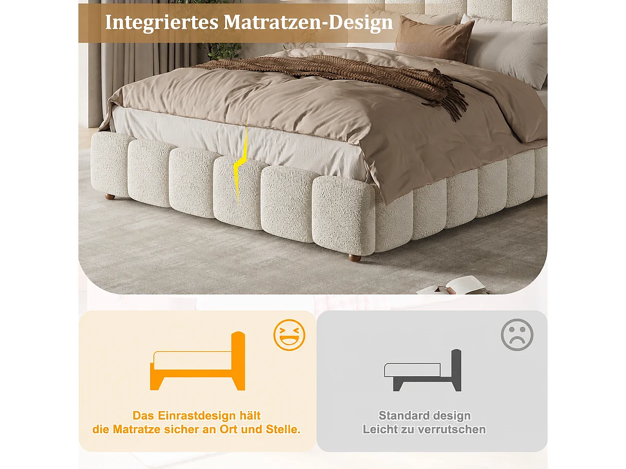 Lit double capitonné 140x190 cm avec coffre hydraulique, sommier à lattes et tête de lit rembourrée, tissu bouclé blanc