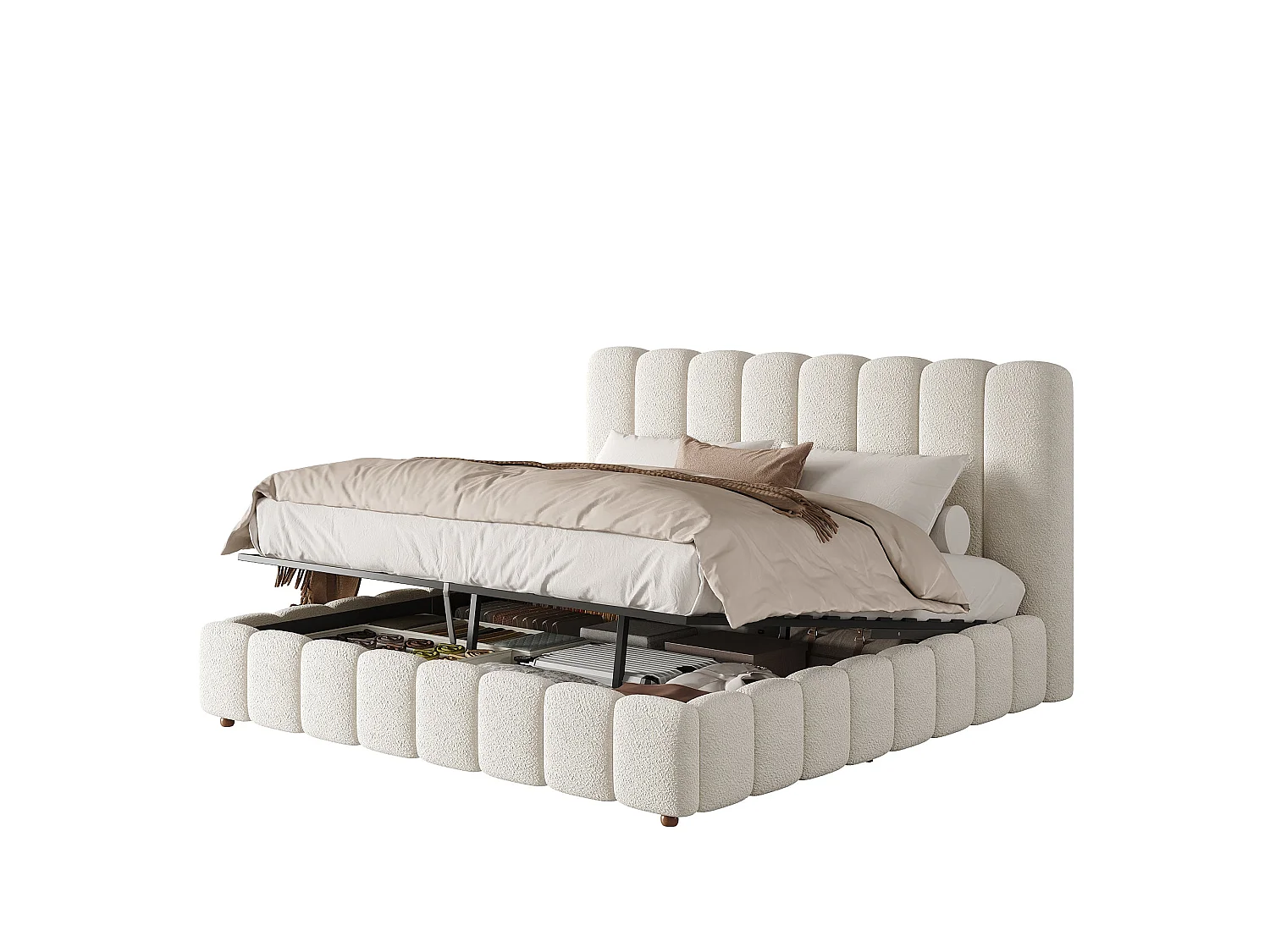 Lit double capitonné 180x200 cm avec coffre hydraulique, sommier à lattes et tête de lit rembourrée, tissu bouclé blanc