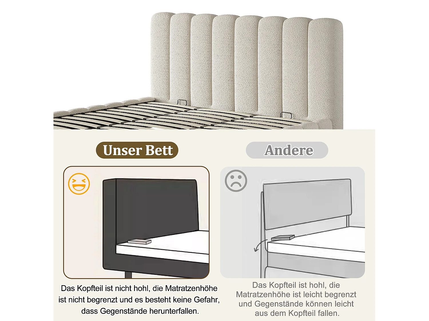 Lit double capitonné 180x200 cm avec coffre hydraulique, sommier à lattes et tête de lit rembourrée, tissu bouclé blanc
