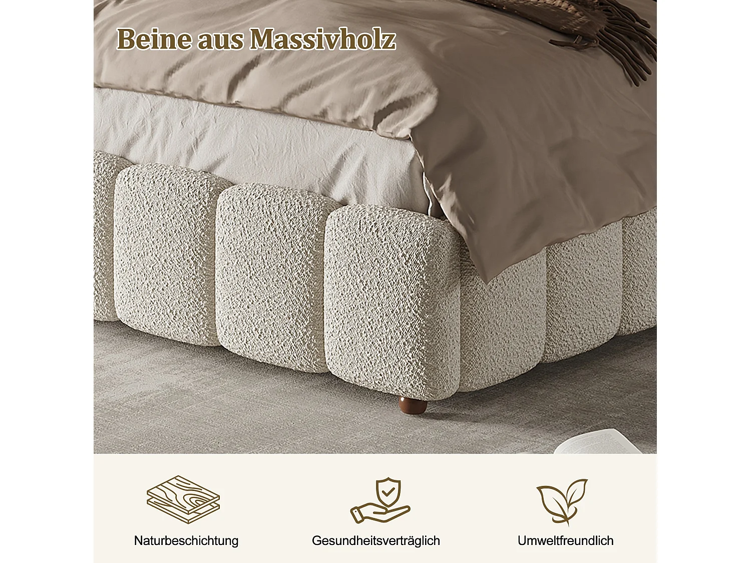 Lit double capitonné 180x200 cm avec coffre hydraulique, sommier à lattes et tête de lit rembourrée, tissu bouclé blanc