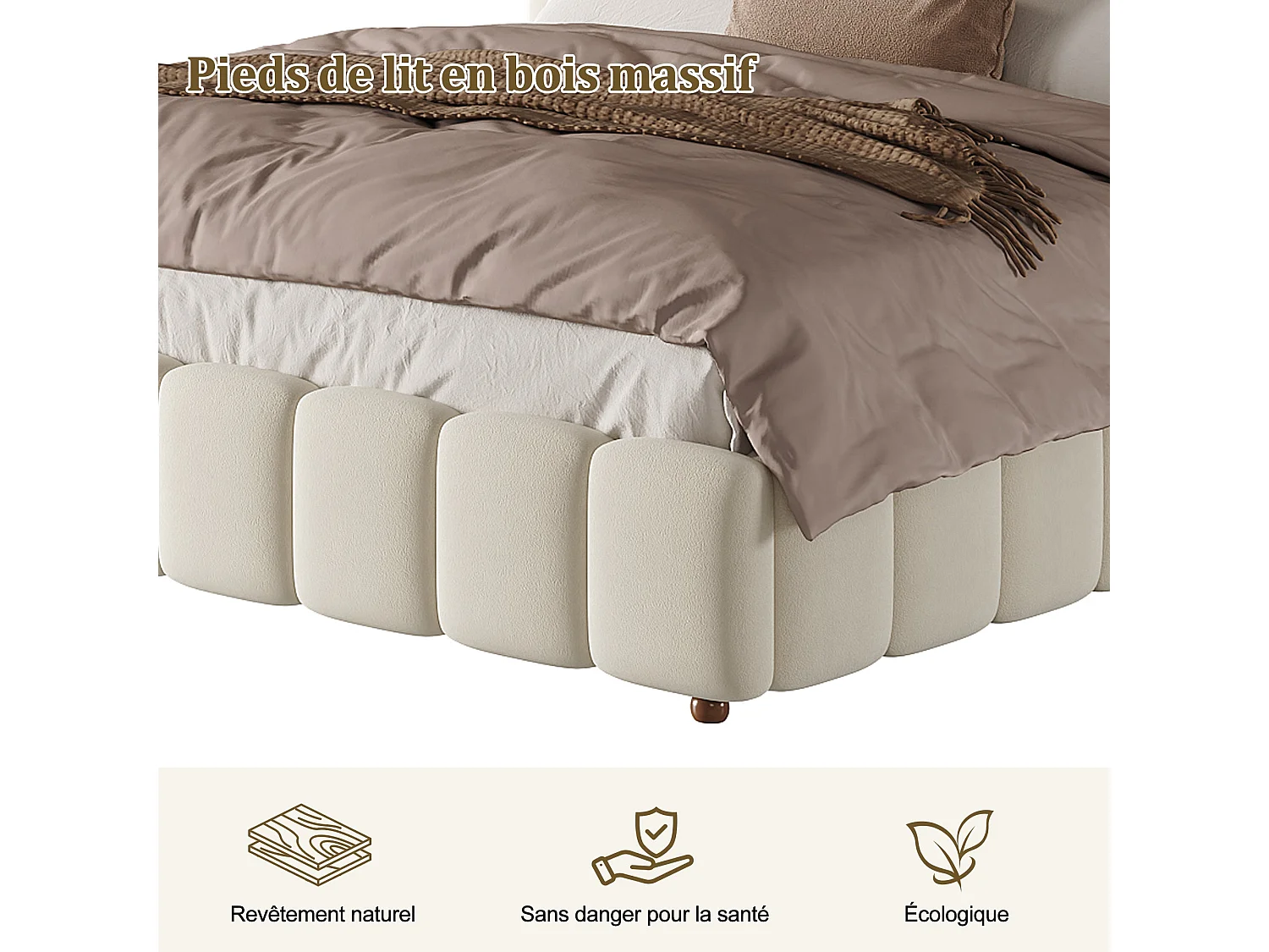 Lit double capitonné 140x190 cm avec coffre hydraulique, sommier à lattes et tête de lit rembourrée, velours beige