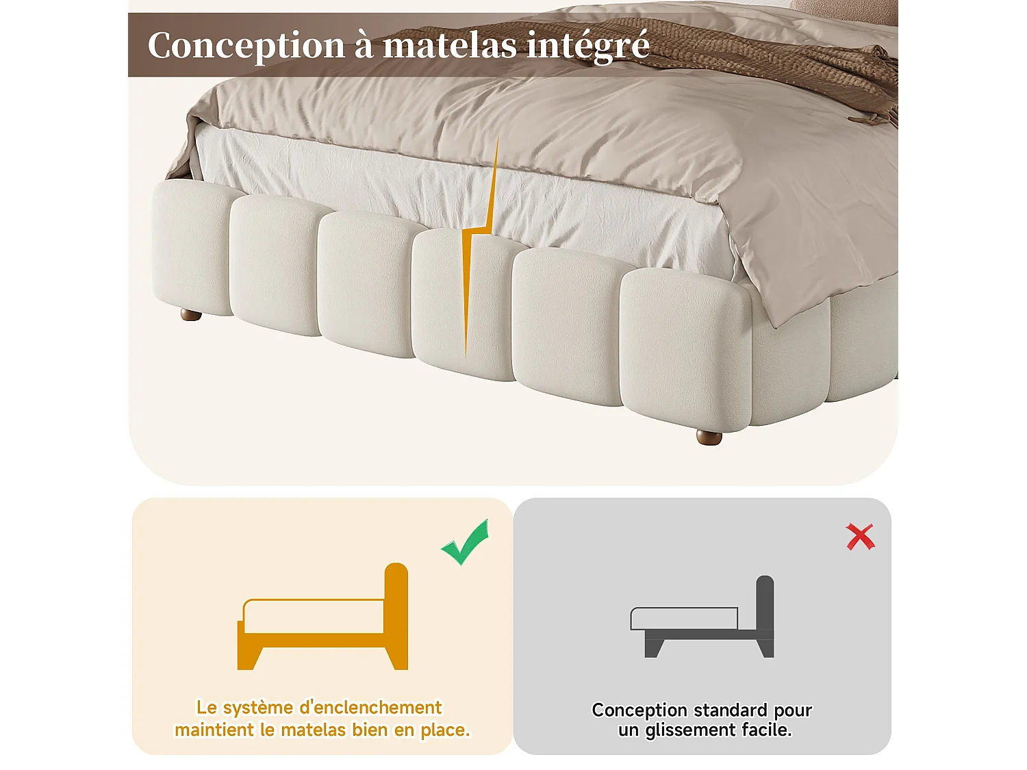 Lit double capitonné 140x190 cm avec coffre hydraulique, sommier à lattes et tête de lit rembourrée, velours beige