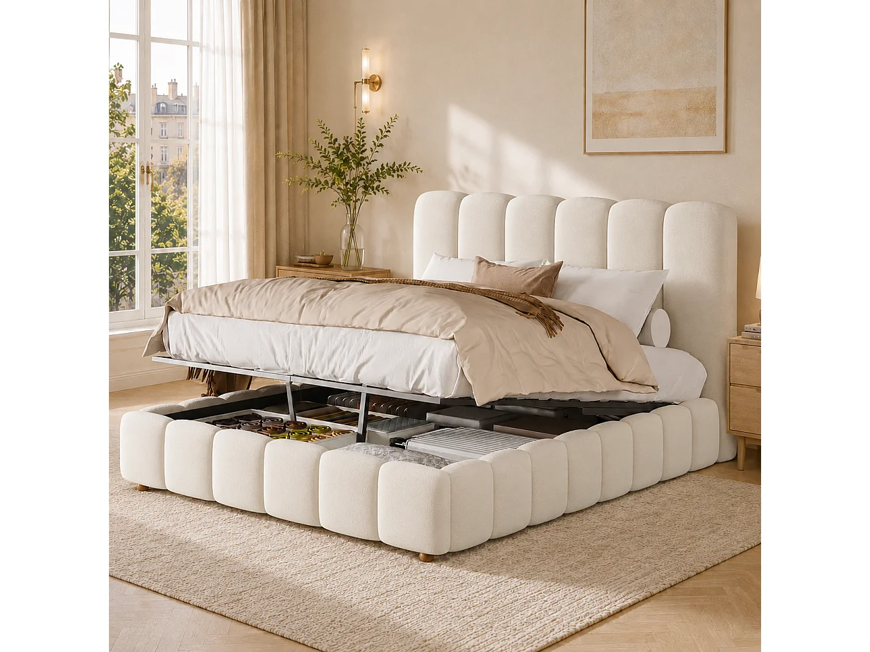 Lit double capitonné 140x190 cm avec coffre hydraulique, sommier à lattes et tête de lit rembourrée, velours beige