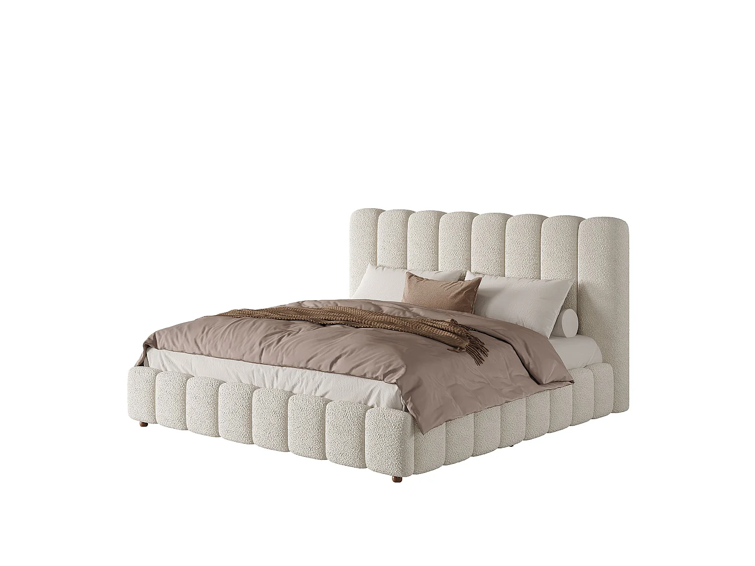 Lit double capitonné 160x200 cm avec sommier à lattes, tête de lit rembourrée et pieds en bois massif, tissu bouclé blanc