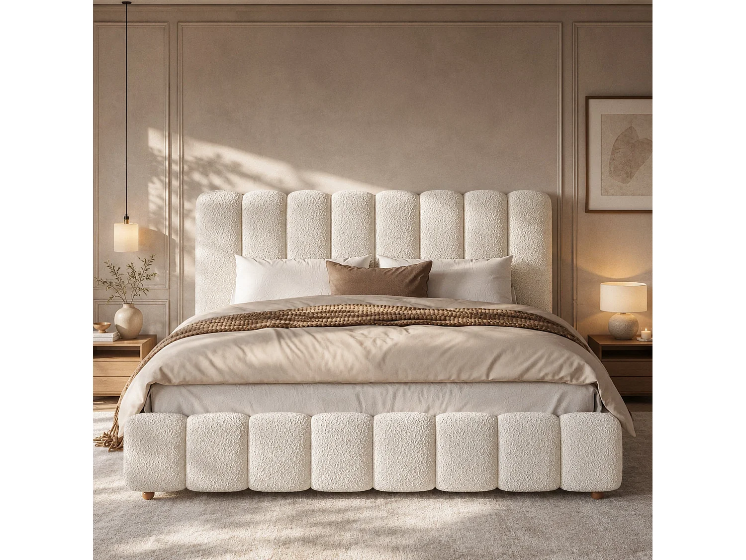 Lit double capitonné 160x200 cm avec sommier à lattes, tête de lit rembourrée et pieds en bois massif, tissu bouclé blanc