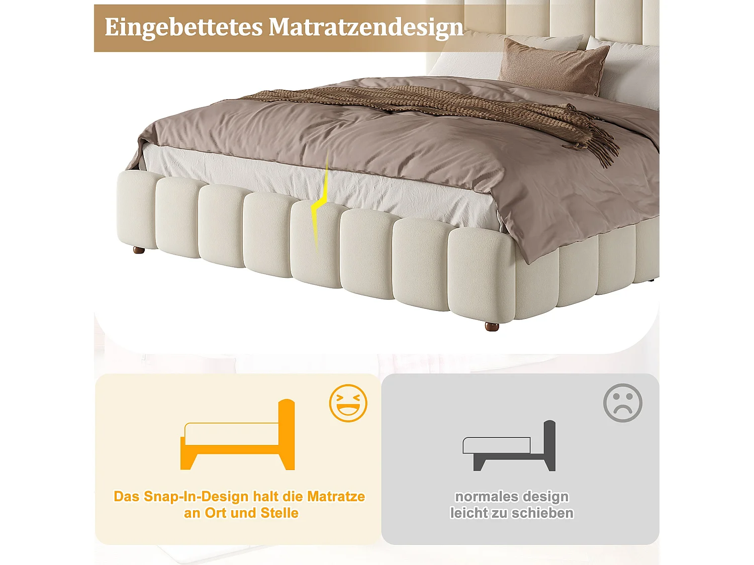 Lit double capitonné 180x200 cm avec coffre hydraulique, sommier à lattes et tête de lit rembourrée, velours beige