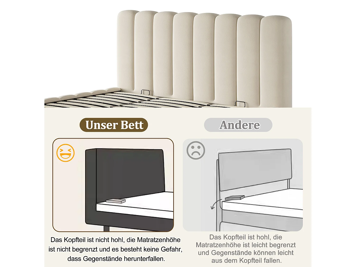 Lit double capitonné 180x200 cm avec coffre hydraulique, sommier à lattes et tête de lit rembourrée, velours beige