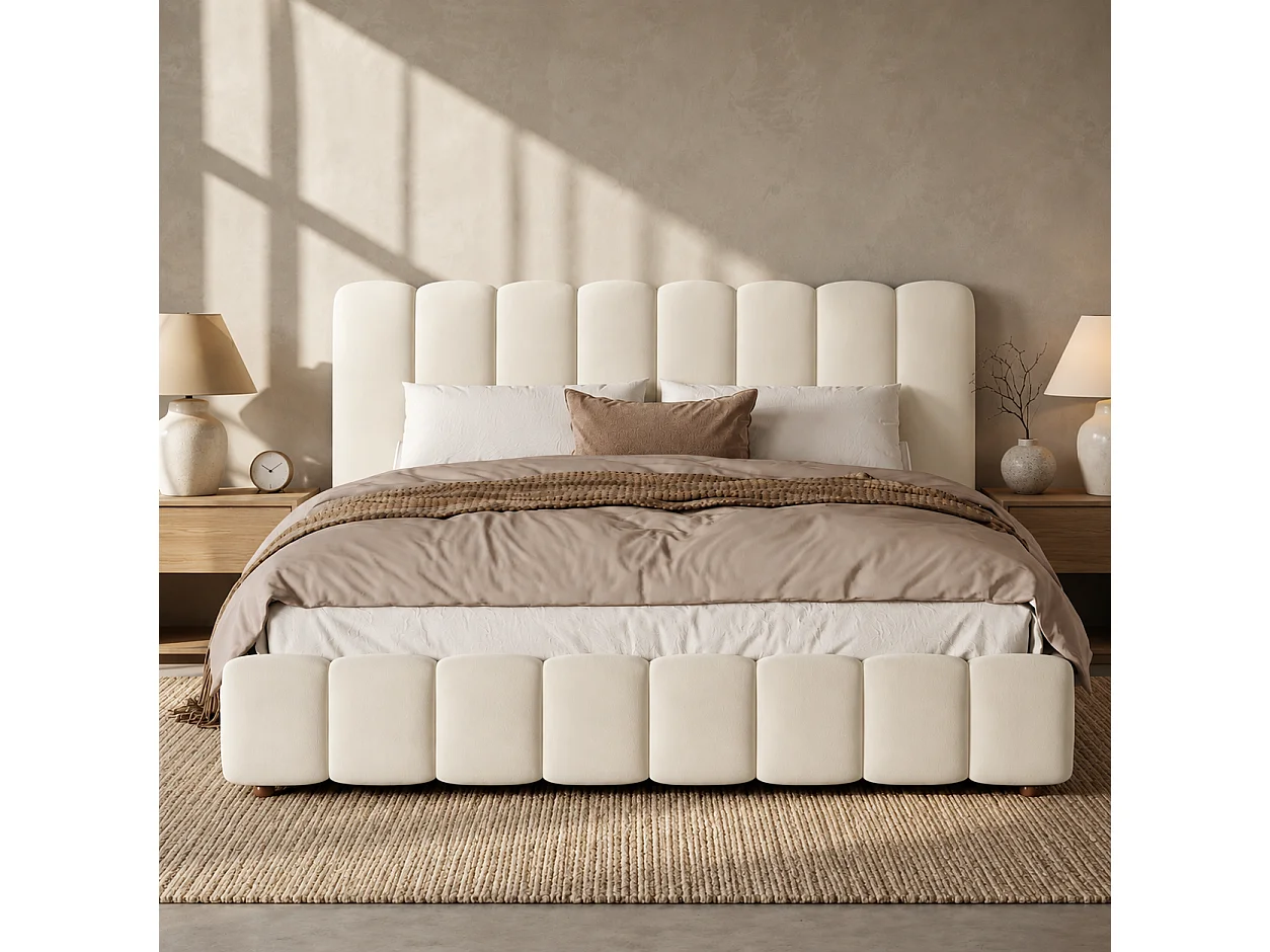 Lit double capitonné 160x200 cm avec coffre hydraulique, sommier à lattes et tête de lit rembourrée, velours beige
