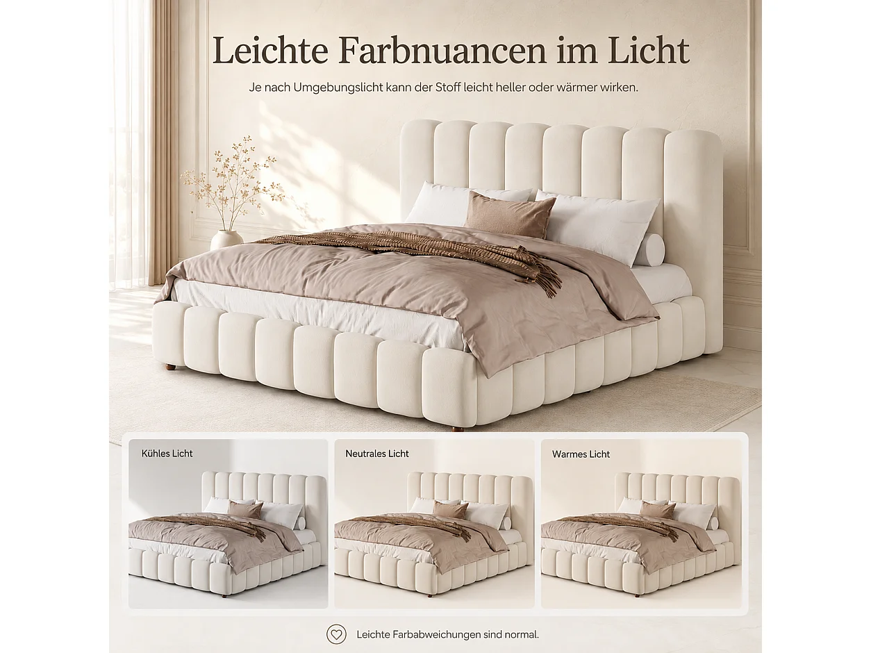 Lit double capitonné 160x200 cm avec coffre hydraulique, sommier à lattes et tête de lit rembourrée, velours beige