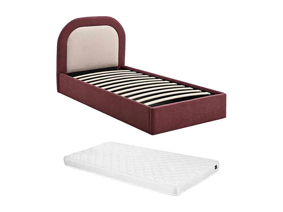 Lit coffre 90 x 190 cm - Tissu - Pourpre et beige + Matelas - IDONO