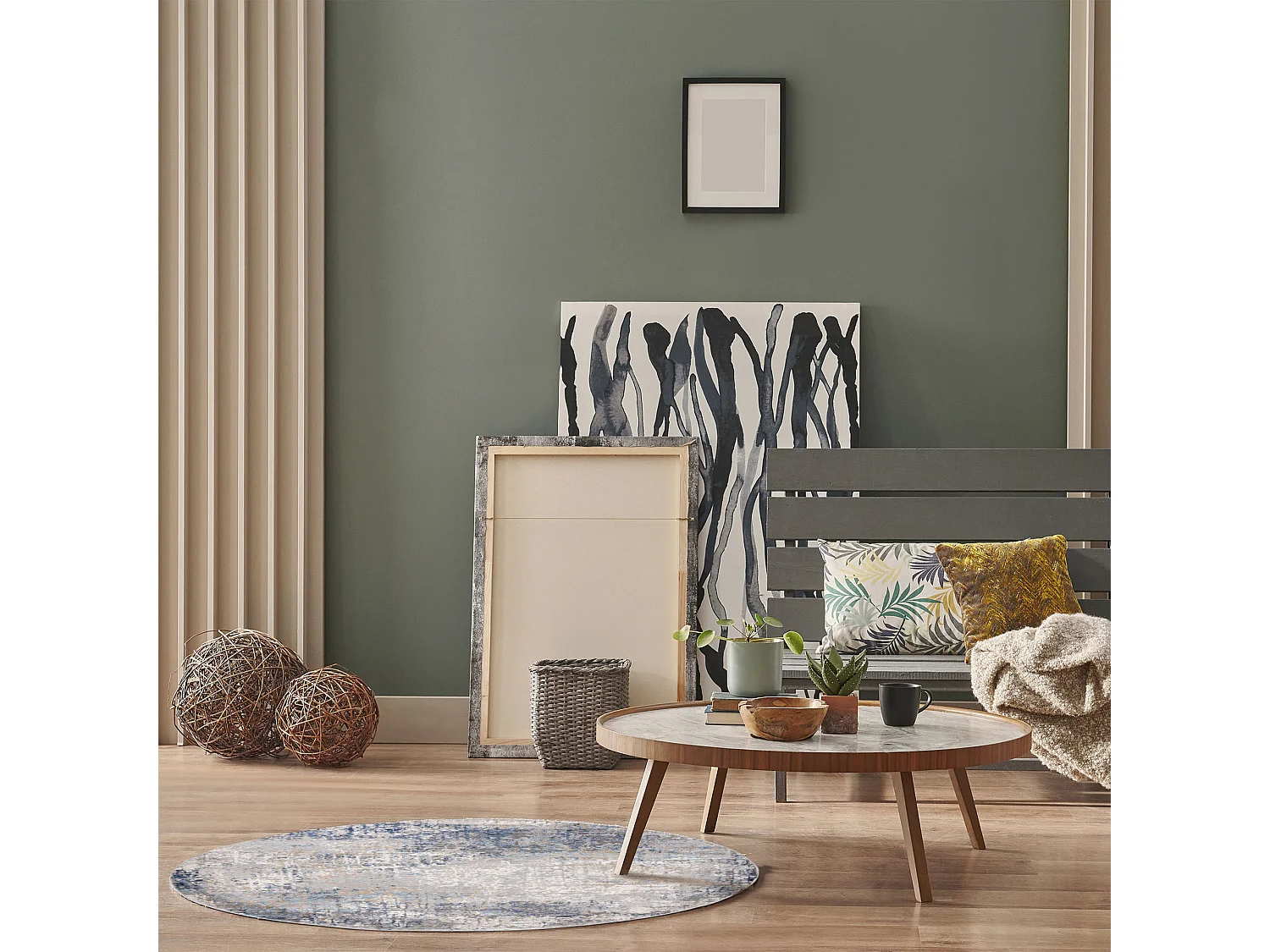 Tapis Portland G512B Mazovia Rond 100 x 100 cm Beige Anthracite Abstrait Poils Courts