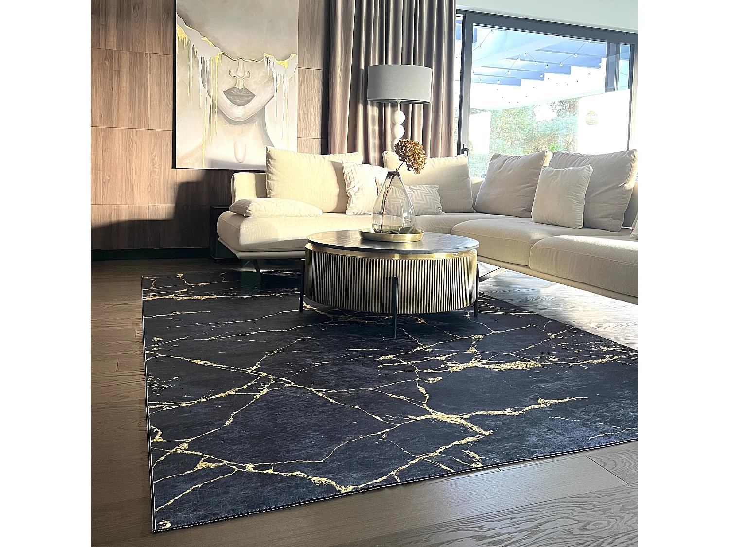 Tapis Toscana 2113 Mazovia 80 x 150 cm Noir Doré Marbre Poils Courts