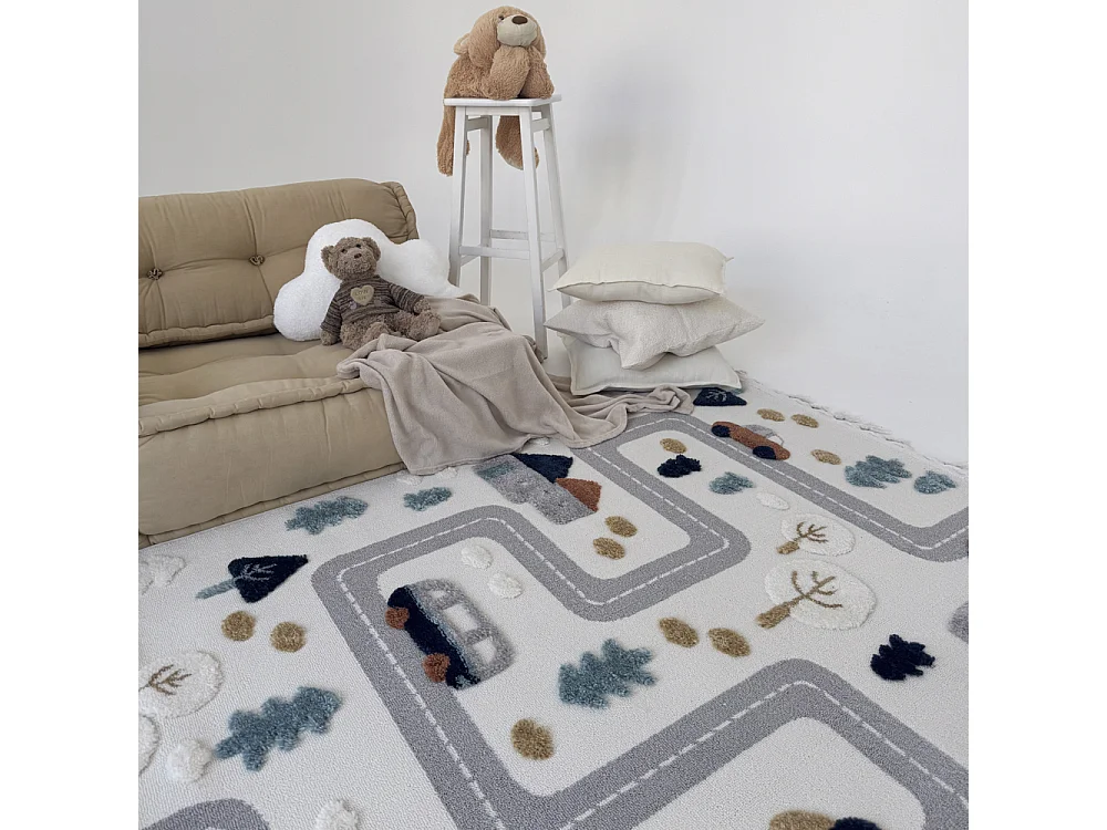 Tapis Enfant Buffo Parco Mazovia 140 x 200 cm Beige Crème Voitures Poils Mi-Longs à Franges