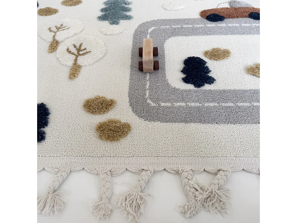 Tapis Enfant Buffo Parco Mazovia 140 x 200 cm Beige Crème Voitures Poils Mi-Longs à Franges