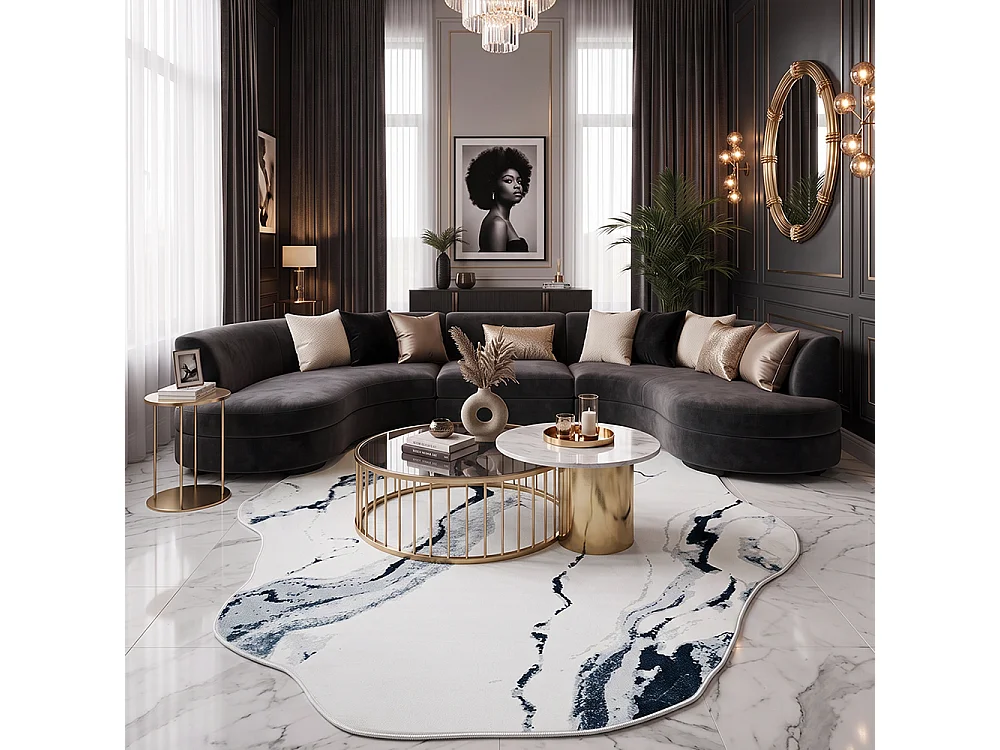 Tapis Bova Feni Mazovia Forme Irrégulière 80 x 150 cm Blanc Noir Abstrait Poils Courts