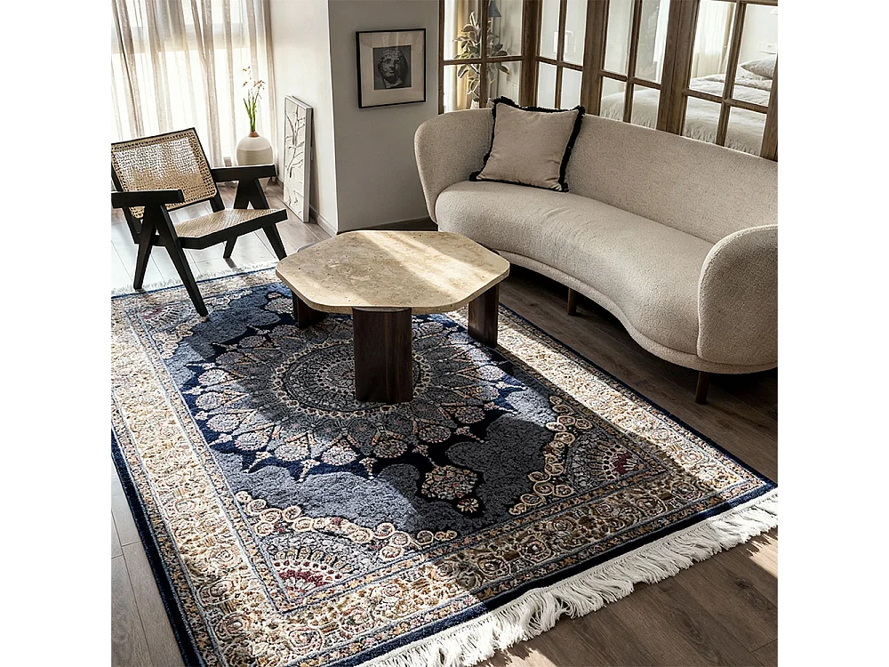 Vloerkleed Palazzo Reale Mazovia 160 x 230 cm Marineblauw Oosters Laagpolig met Franjes