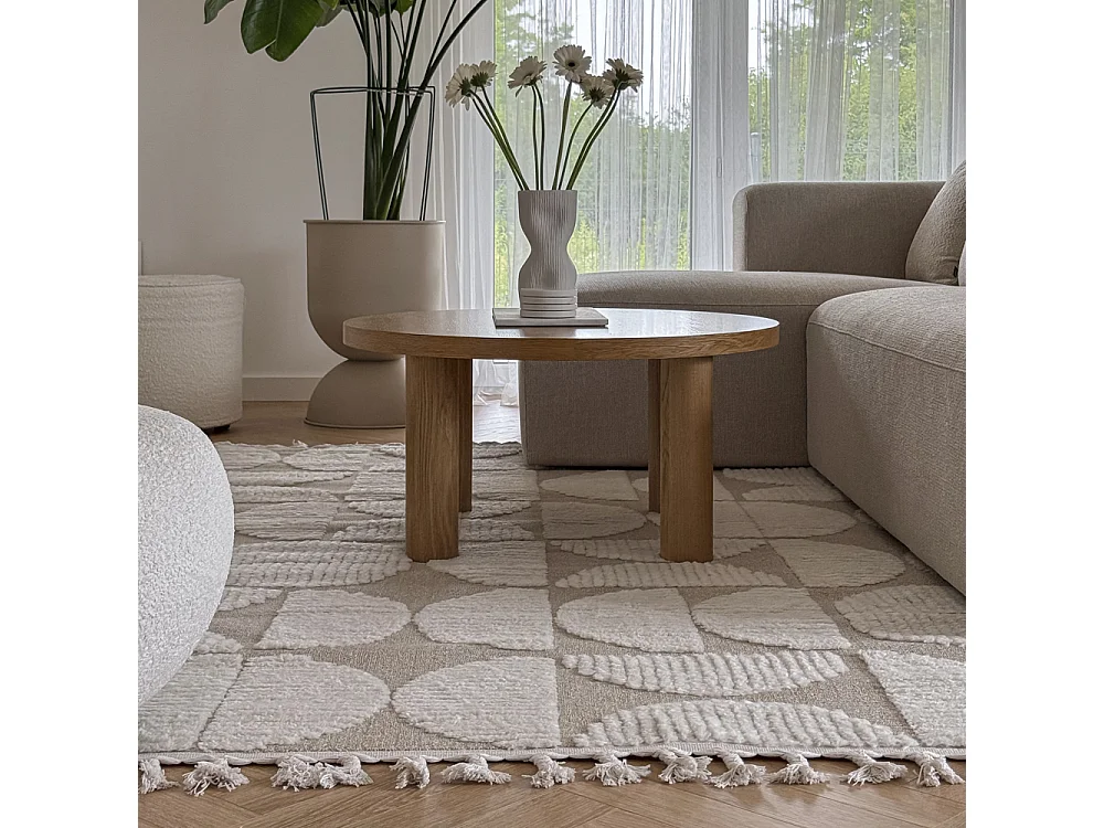 Tapis Pisa Pane Mazovia 80 x 150 cm Beige Crème Géométrique Poils Mi-Longs à Franges