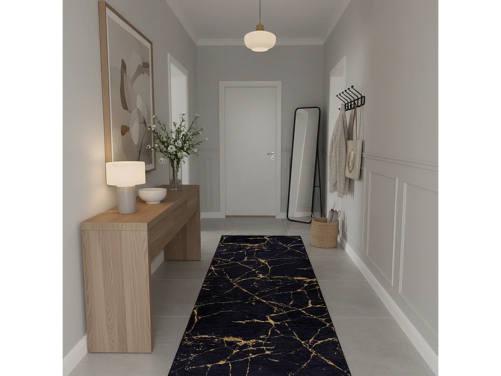 Tapis Toscana 2113 Mazovia 80 x 200 cm Noir Doré Marbre Poils Courts