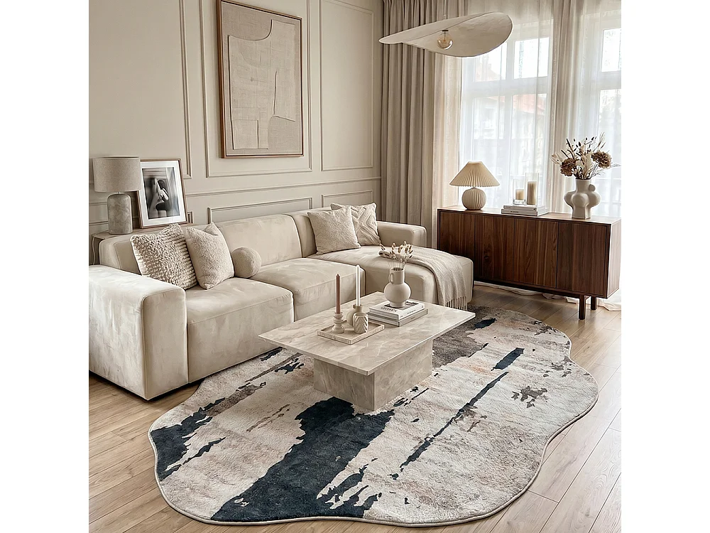 Tapis Arona Senia Mazovia Forme Irrégulière 160 x 220 cm Blanc Marron Abstrait Poils Courts