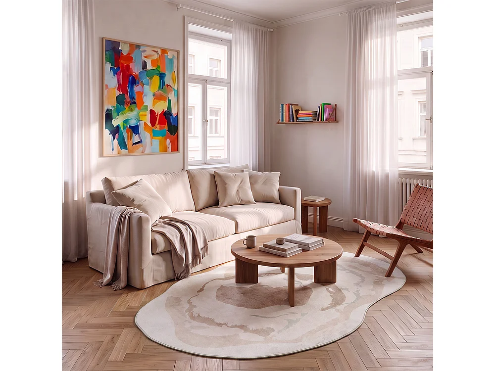 Tapis Bova Nello Mazovia Forme Irrégulière 80 x 150 cm Beige Blanc Abstrait Poils Courts