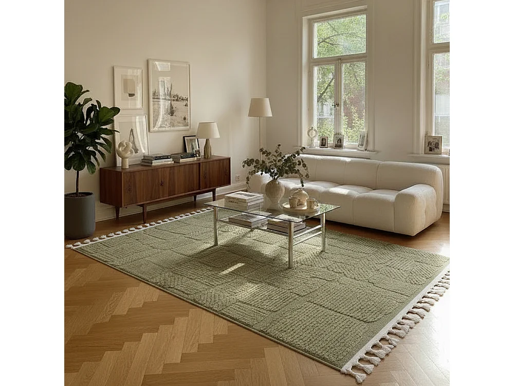 Tapis Pisa Ortica Mazovia 80 x 150 cm Vert Géométrique Poils Mi-Longs à Franges