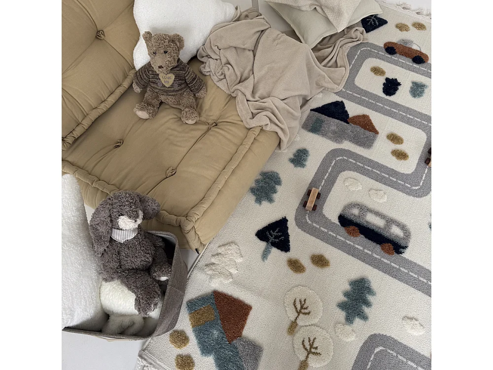 Kids Rug Buffo Parco Mazovia 160 x 230 cm Beige Cream Cars Medium Pile with Fringes