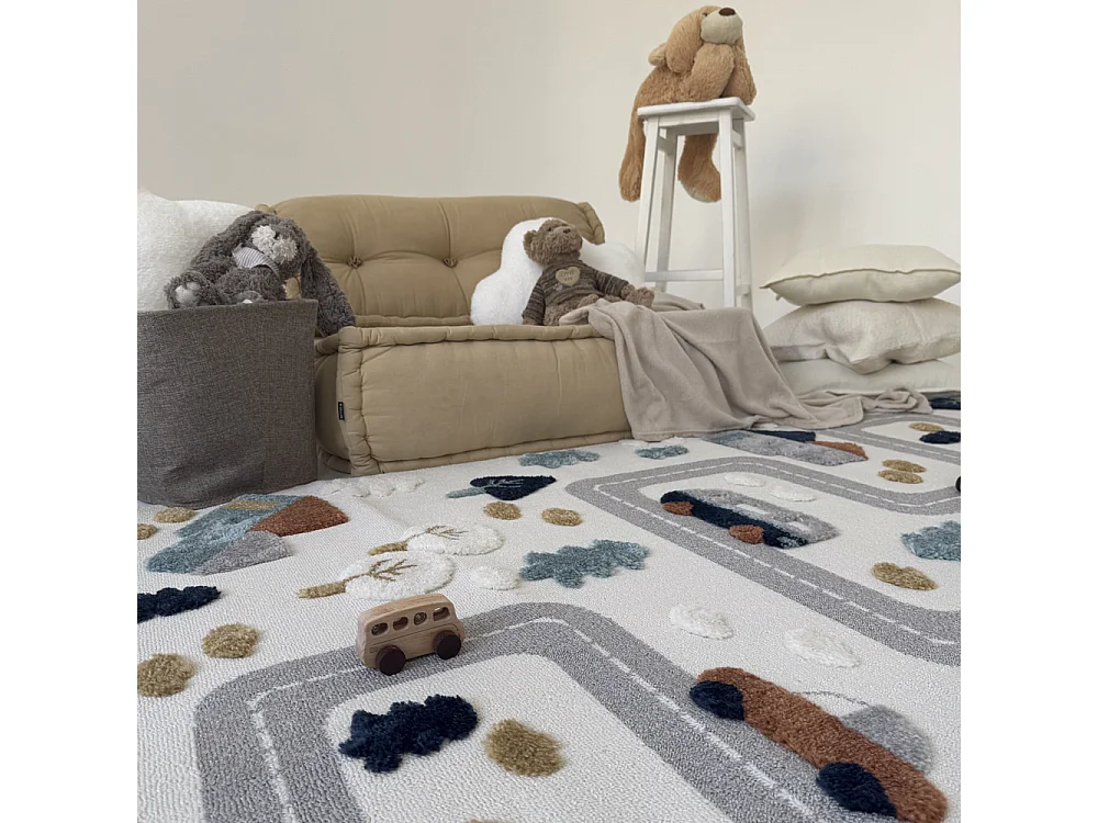 Kids Rug Buffo Parco Mazovia 160 x 230 cm Beige Cream Cars Medium Pile with Fringes