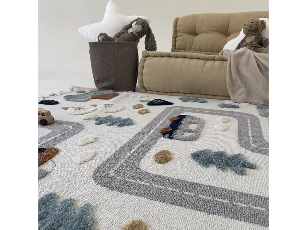 Kids Rug Buffo Parco Mazovia 160 x 230 cm Beige Cream Cars Medium Pile with Fringes
